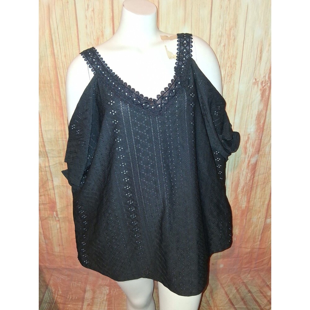 Shein Black Eyelet Short Cold Shoulder Sleeve V-neck Blouse Sz 3XL